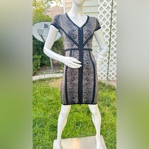 Cache Black and Tan Bodycon Mini Dress Scoop Neck